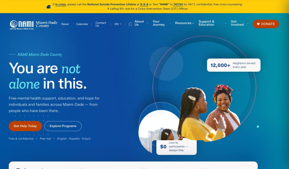 NAMI Miami-Dade County homepage built on the chapter theme