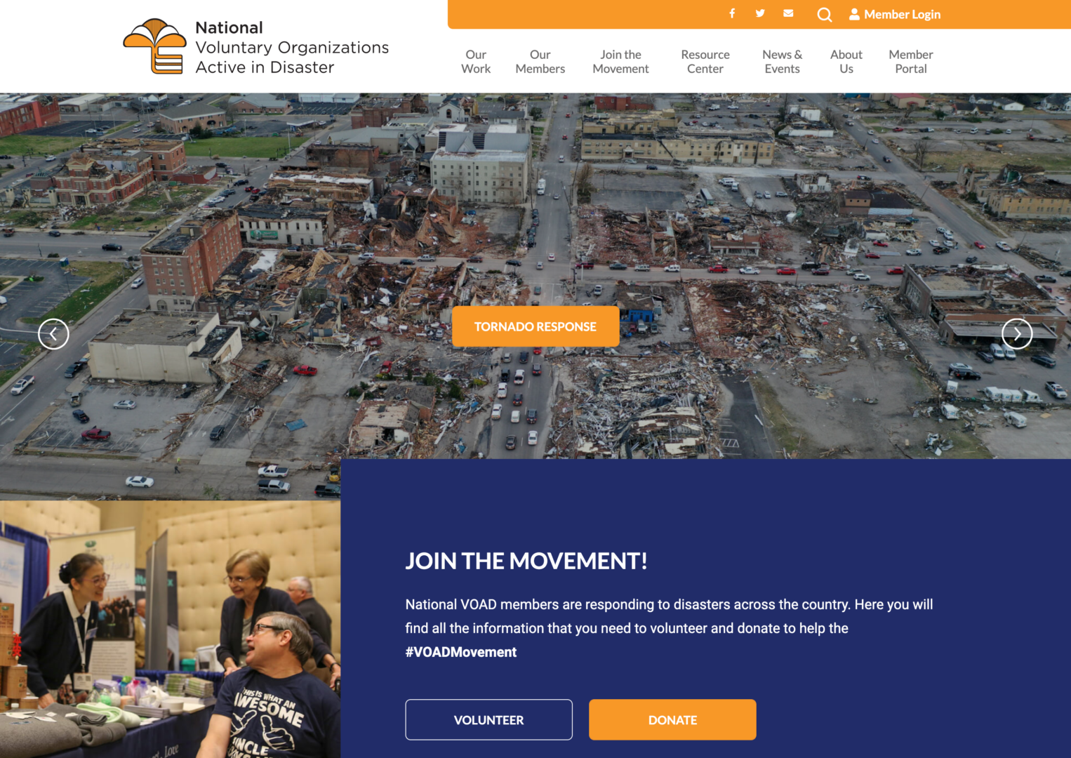 screenshot of NVOAD page about their tornado response with two CTA buttons - one for "volunteer" and the other for "donate"