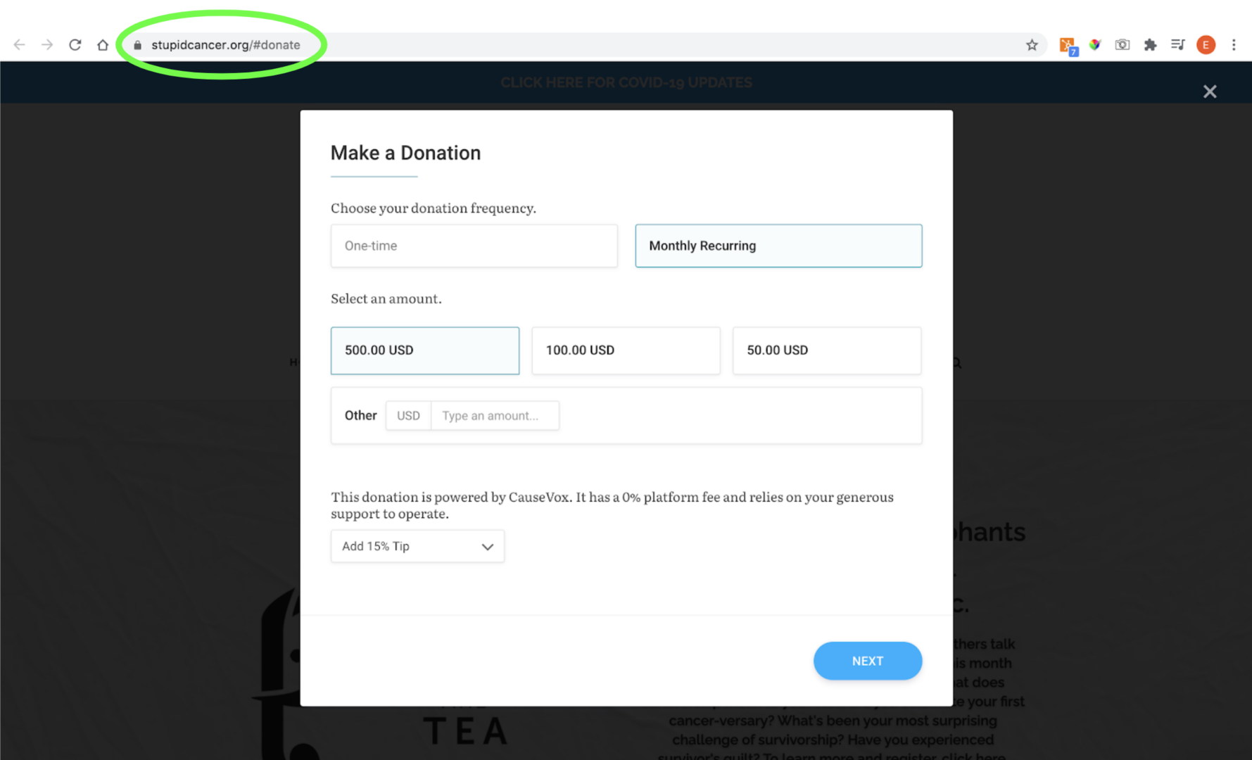 screenshot of Stupid Cancer's donation form. The url is circled in green because it shows a closed lock in front of it, indicating that it starts with https:// and is SSL secure