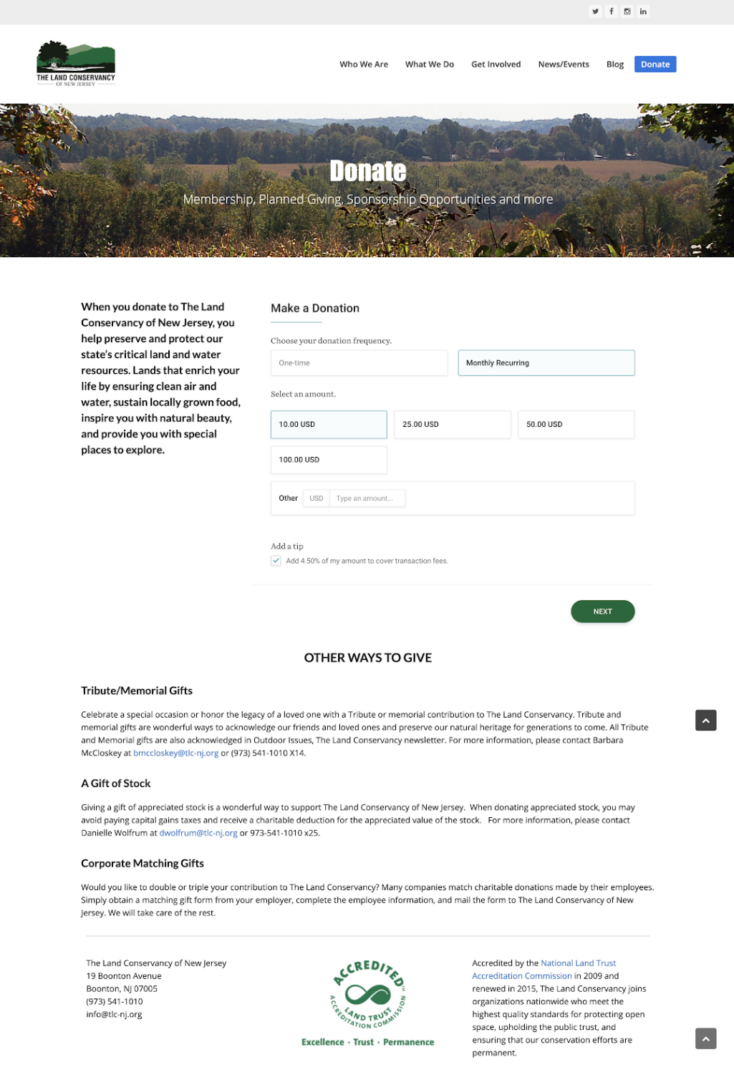 screenshot of Land Conservancy page with a donation form and single CTA "Next", followed by smaller text explaining other ways to give and contact information for tribute, stock, or matching gifts