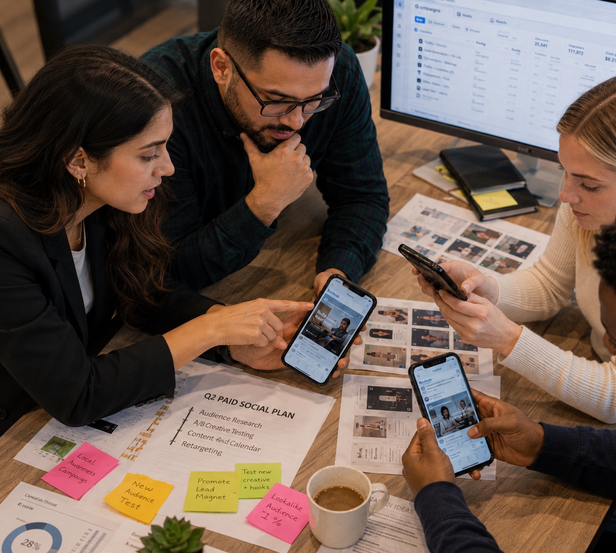 Marketing team planning a paid social campaign around a table