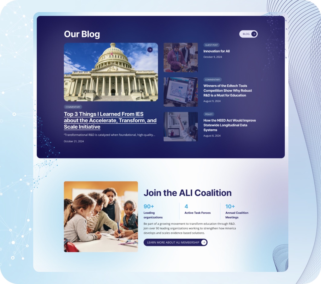 Alliance for Learning Innovation website pages designed by Elevation