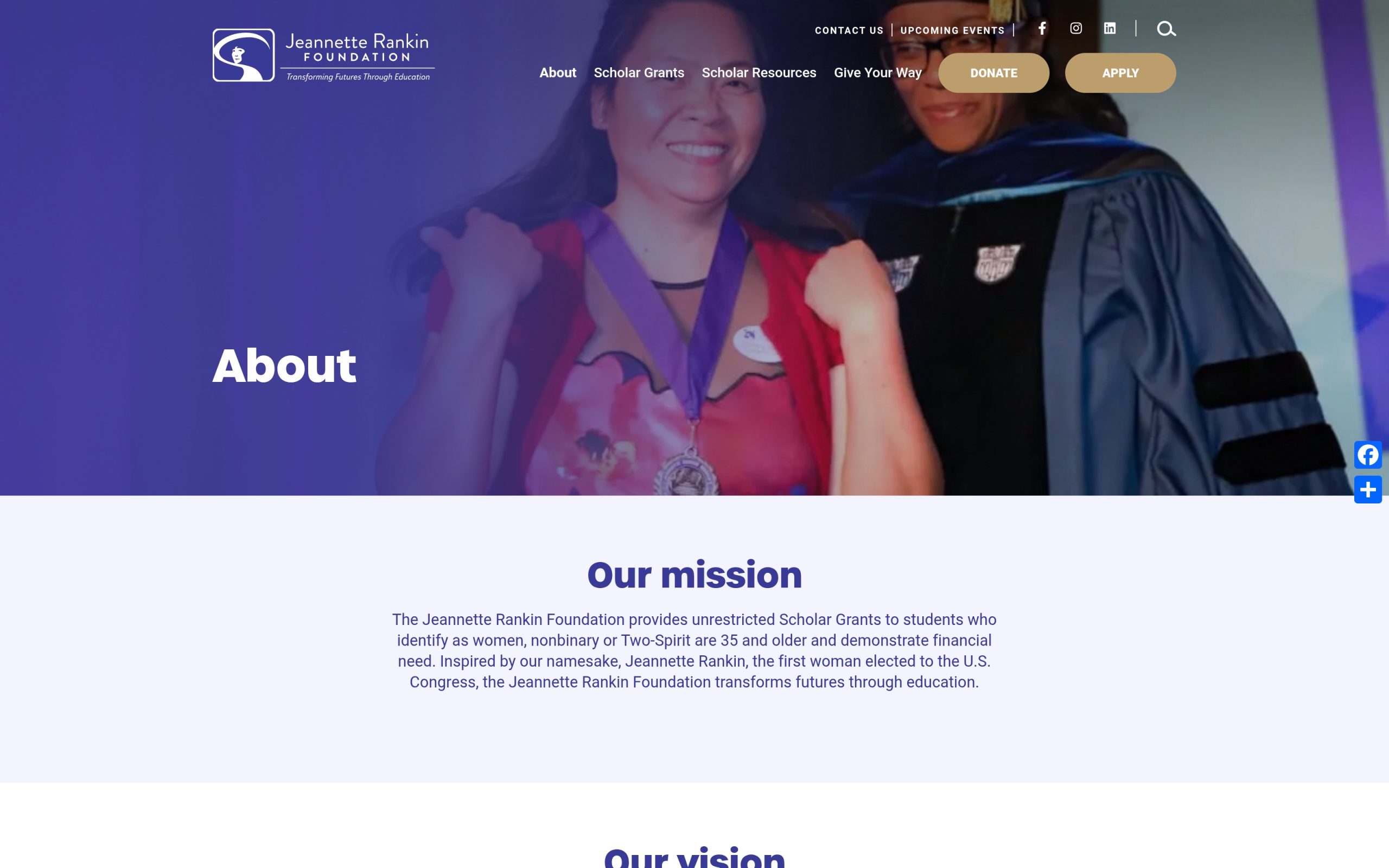Jeannette Rankin Foundation website interior page