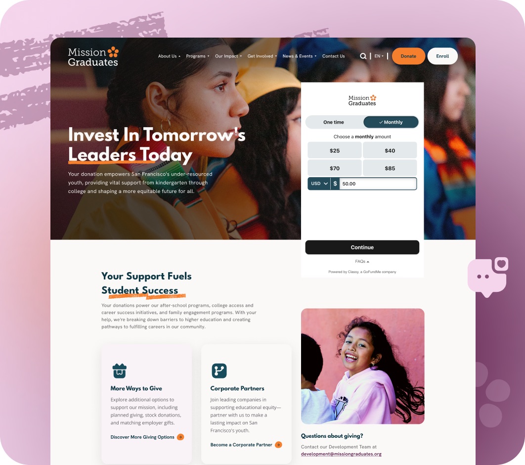 Mission Graduates website section design