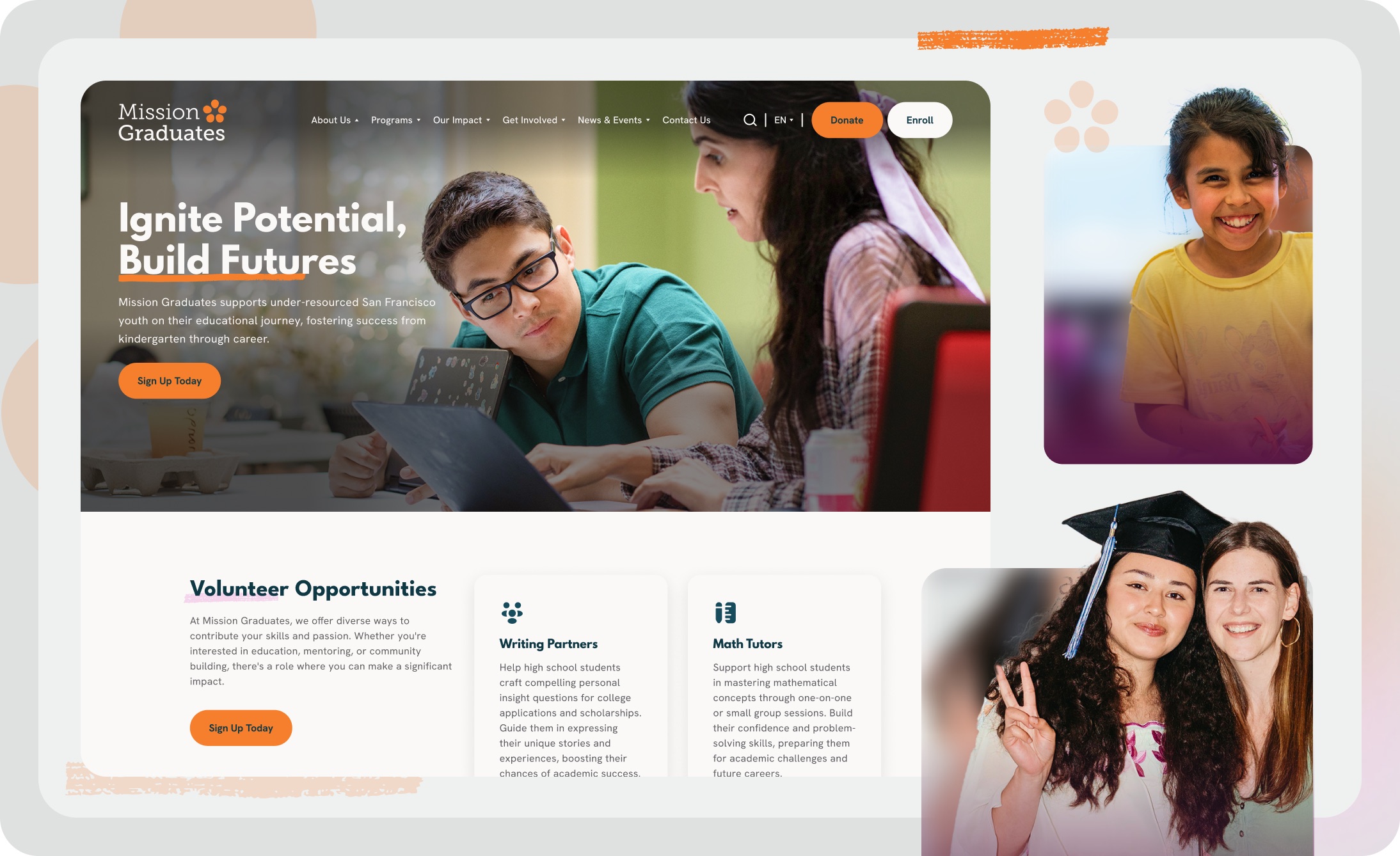 Mission Graduates website spread designed by Elevation