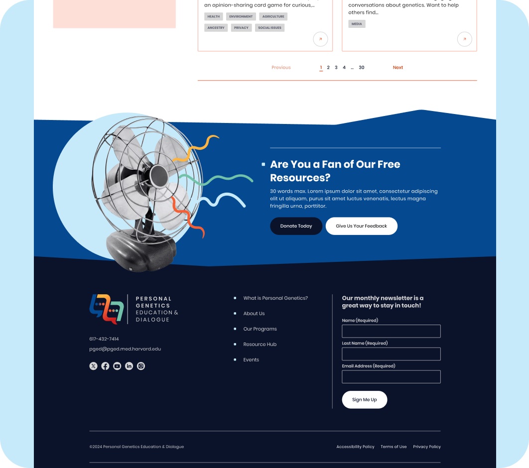 Personal Genetics Education & Dialogue website interior page design