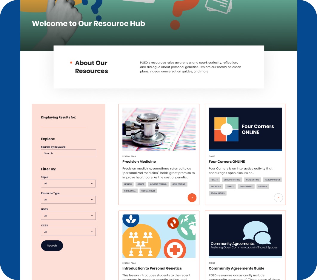 Personal Genetics Education & Dialogue website section design