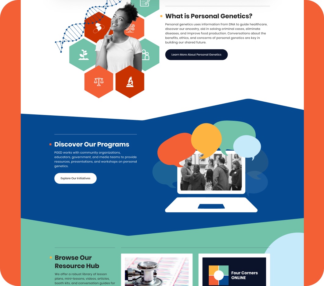 Personal Genetics Education & Dialogue website pages designed by Elevation