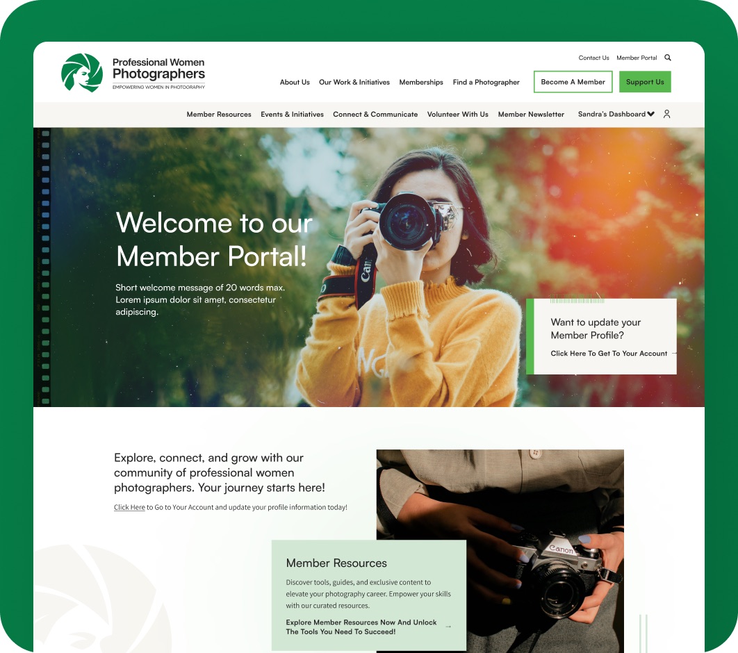 Professional Women Photographers website interior page design