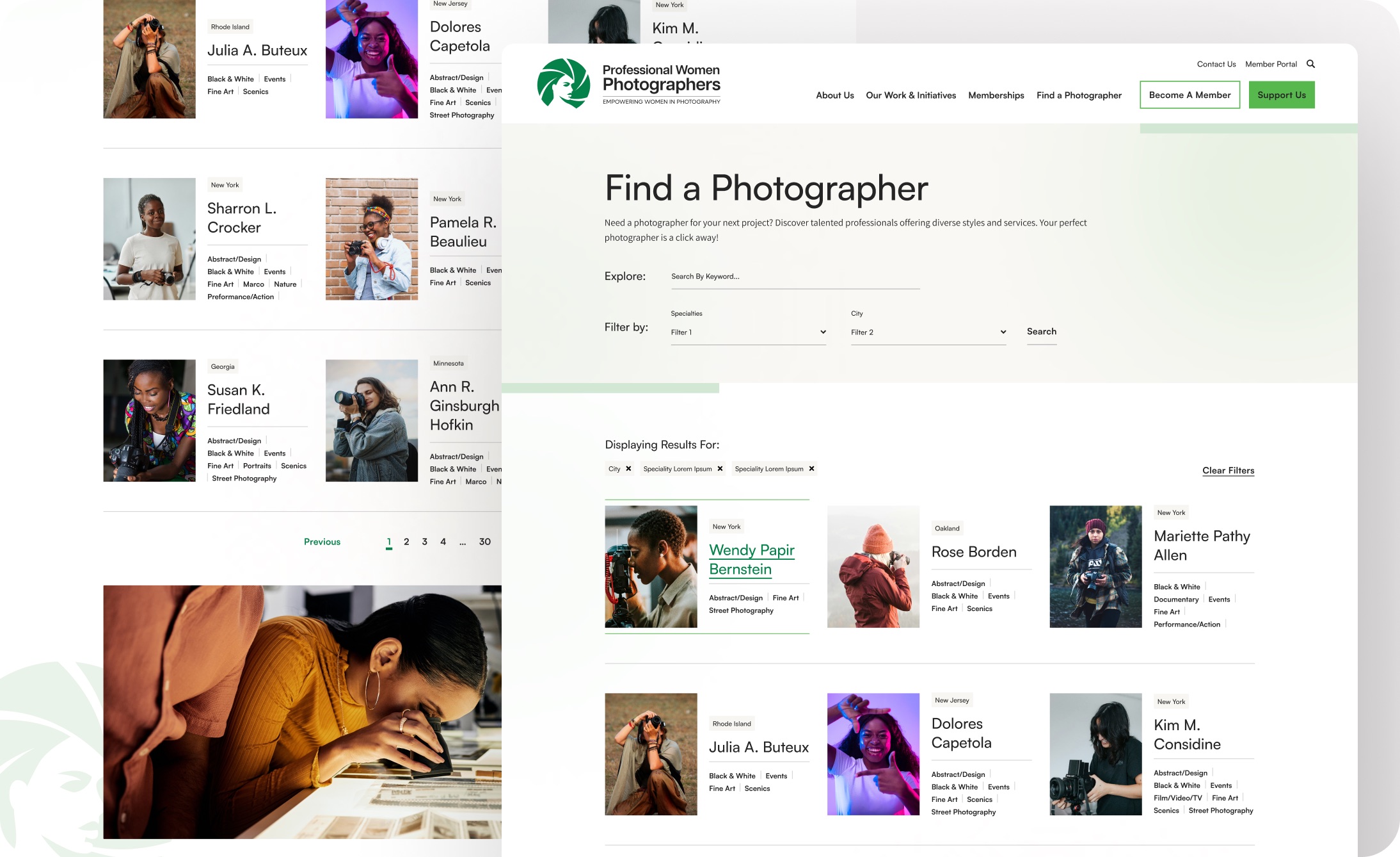 Professional Women Photographers website spread designed by Elevation