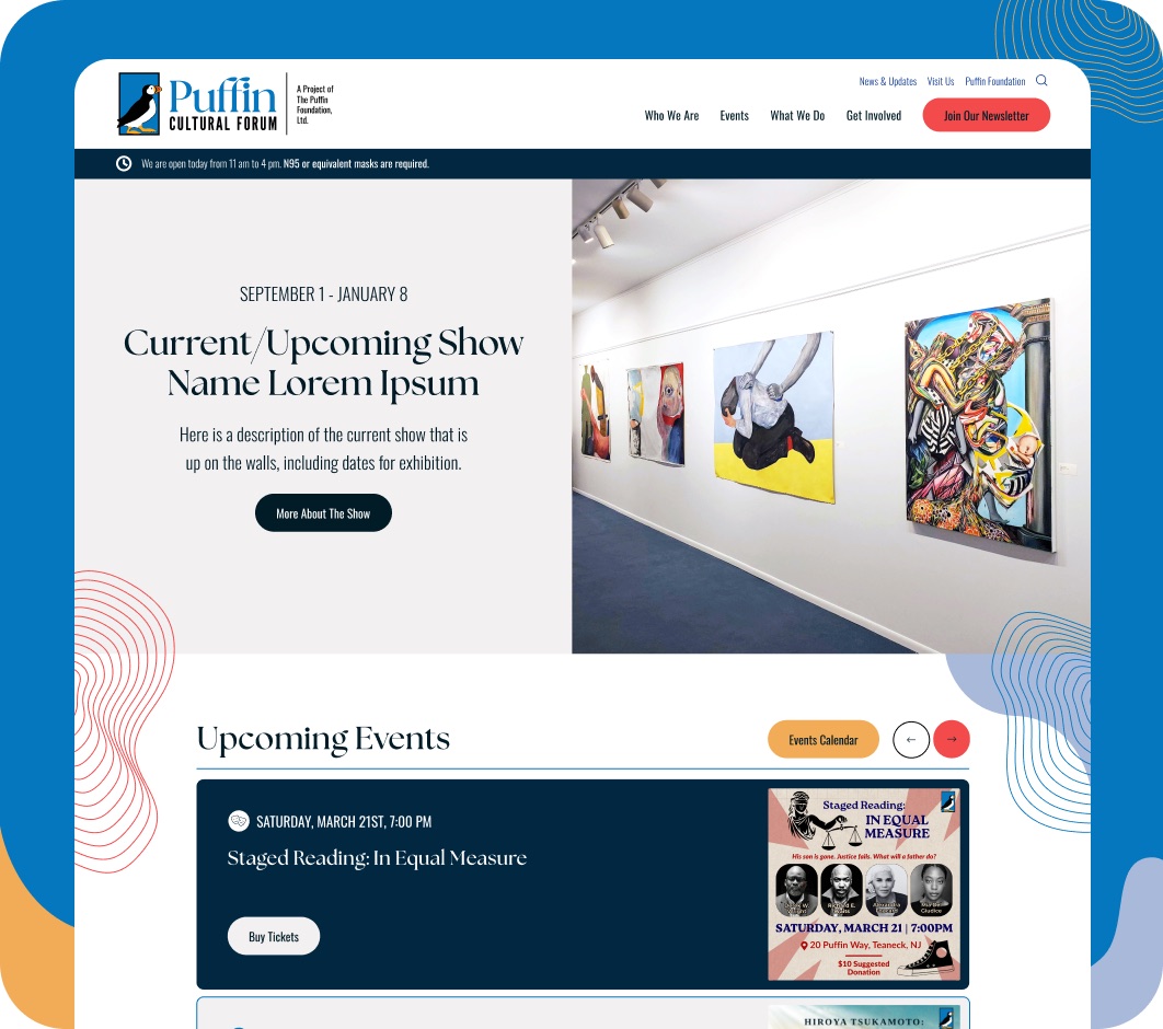 Puffin Cultural Forum website pages designed by Elevation