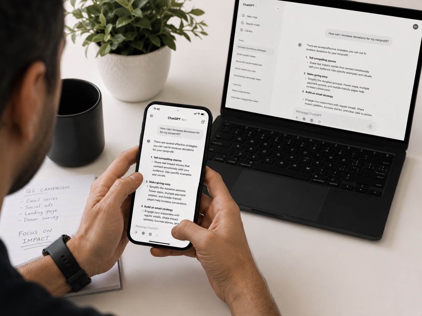 Asking an AI assistant how to increase donations for a nonprofit, on phone and laptop