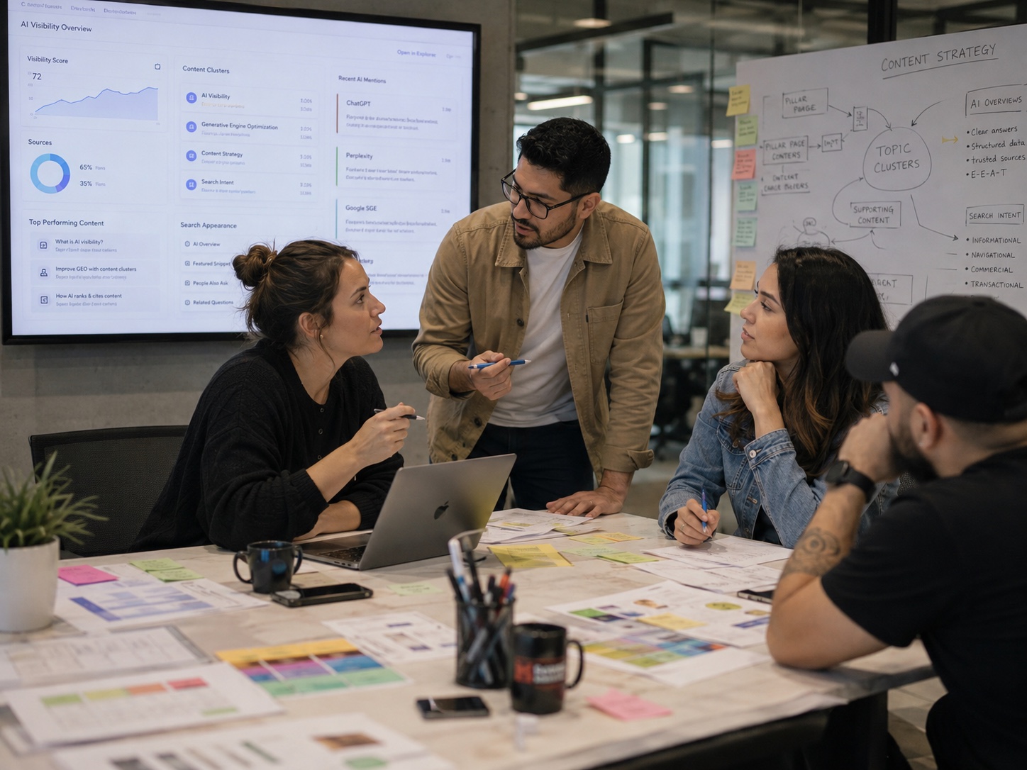Team reviewing an AI visibility dashboard and content strategy board